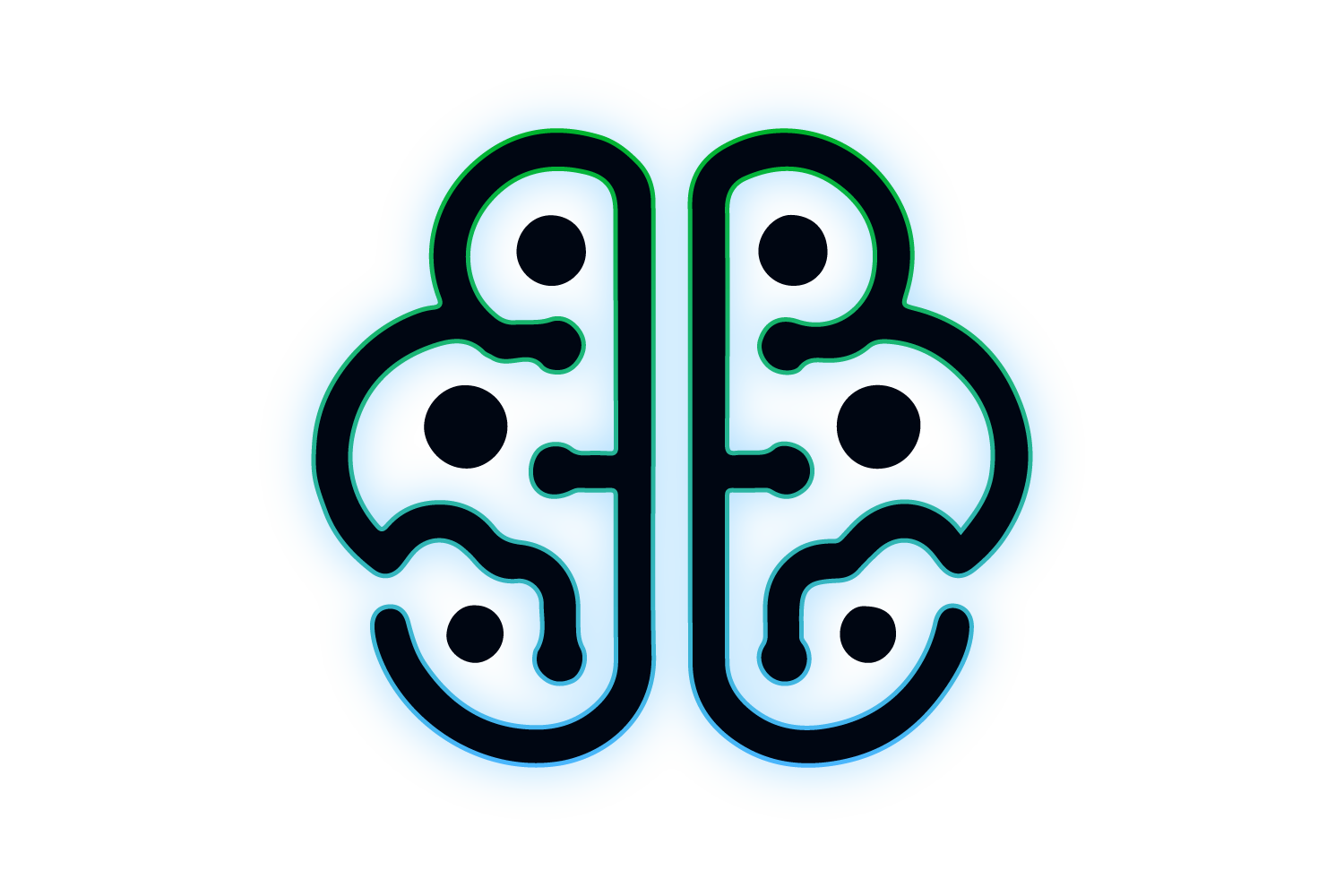 Icono cerebral de IA con contorno azul y verde, reflejando soluciones de IA personalizadas de FixRiver.