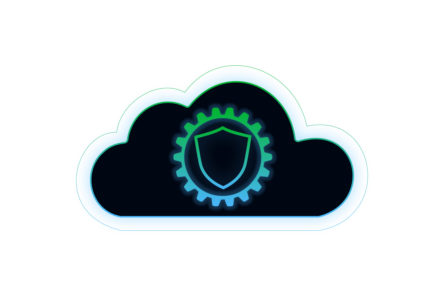 Nube con engranaje y escudo iluminados que destacan la infraestructura cloud y ciberseguridad.