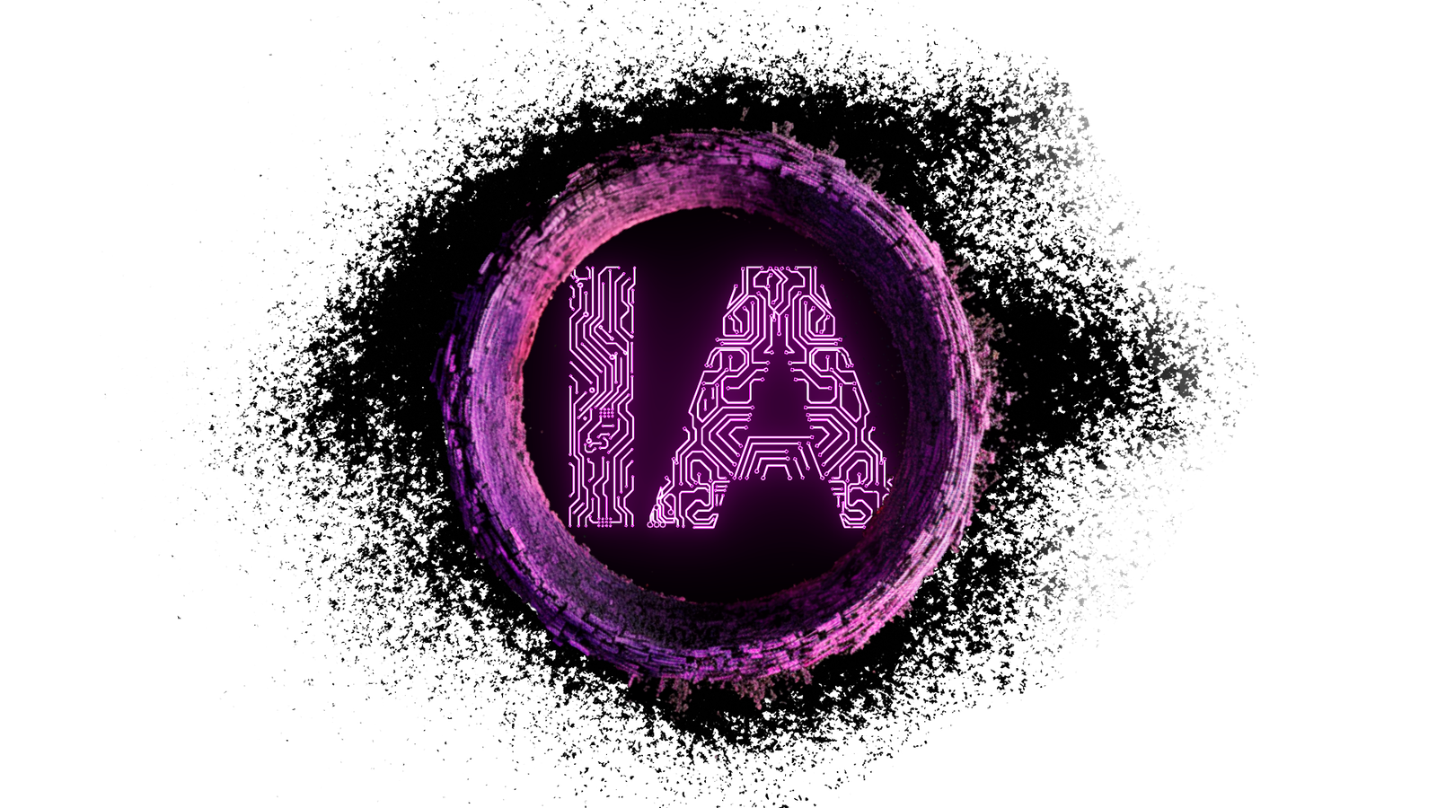Círculo púrpura con circuitos formando 'IA', sobre fondo cósmico, simbolizando la inteligencia artificial.